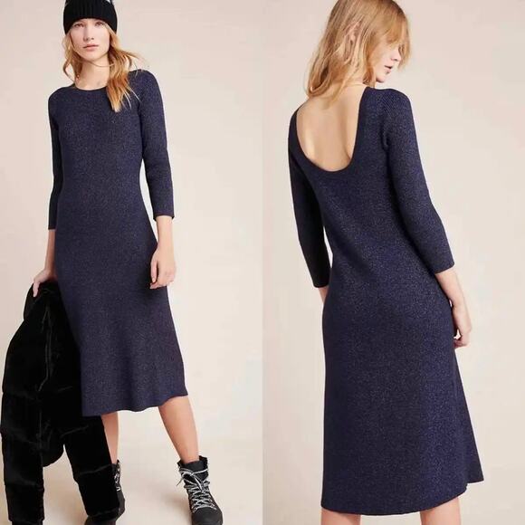 Anthropologie Selena Metallic Shimmer Navy Blue Knit Midi Dress Size Small - Picture 1 of 7